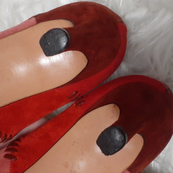 Vtg Salvatore Ferragamo Red & Burgundy Suede Colorblock Patchwork Heels Size 8 - Picture 10 of 12